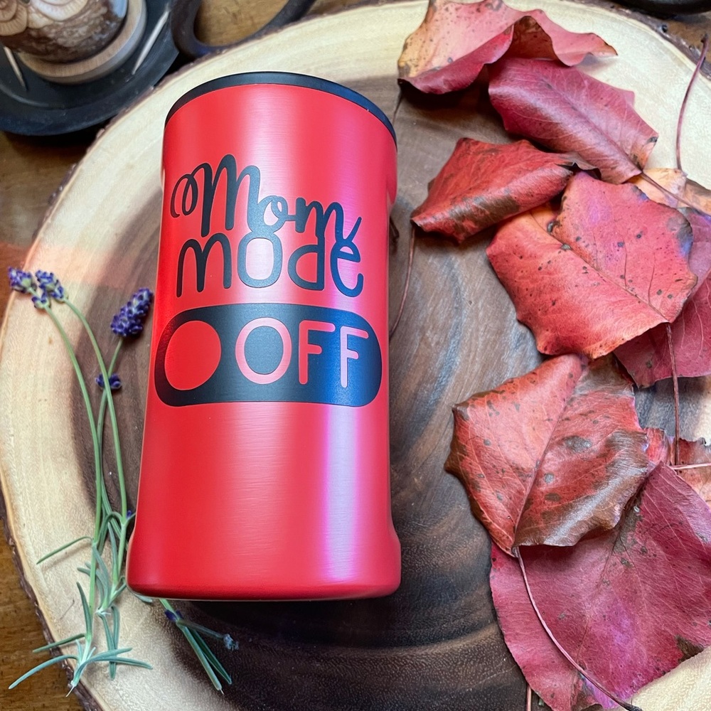 NEW Mom Mode 16 oz Can Cooler thermos red black Ripl vinyl wording custom fun